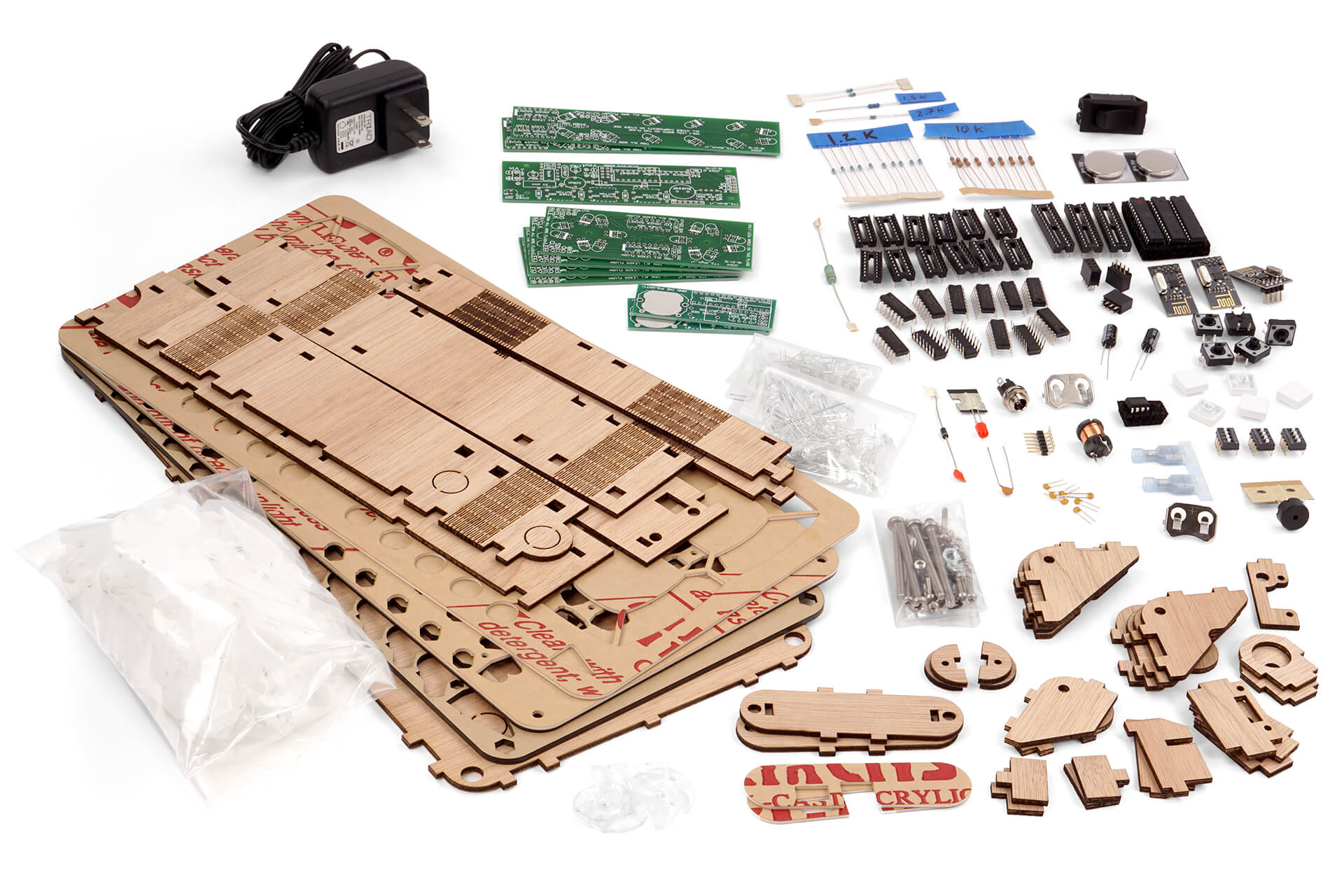 A collection of all the parts that make up the electronic ping pong scoreboard.