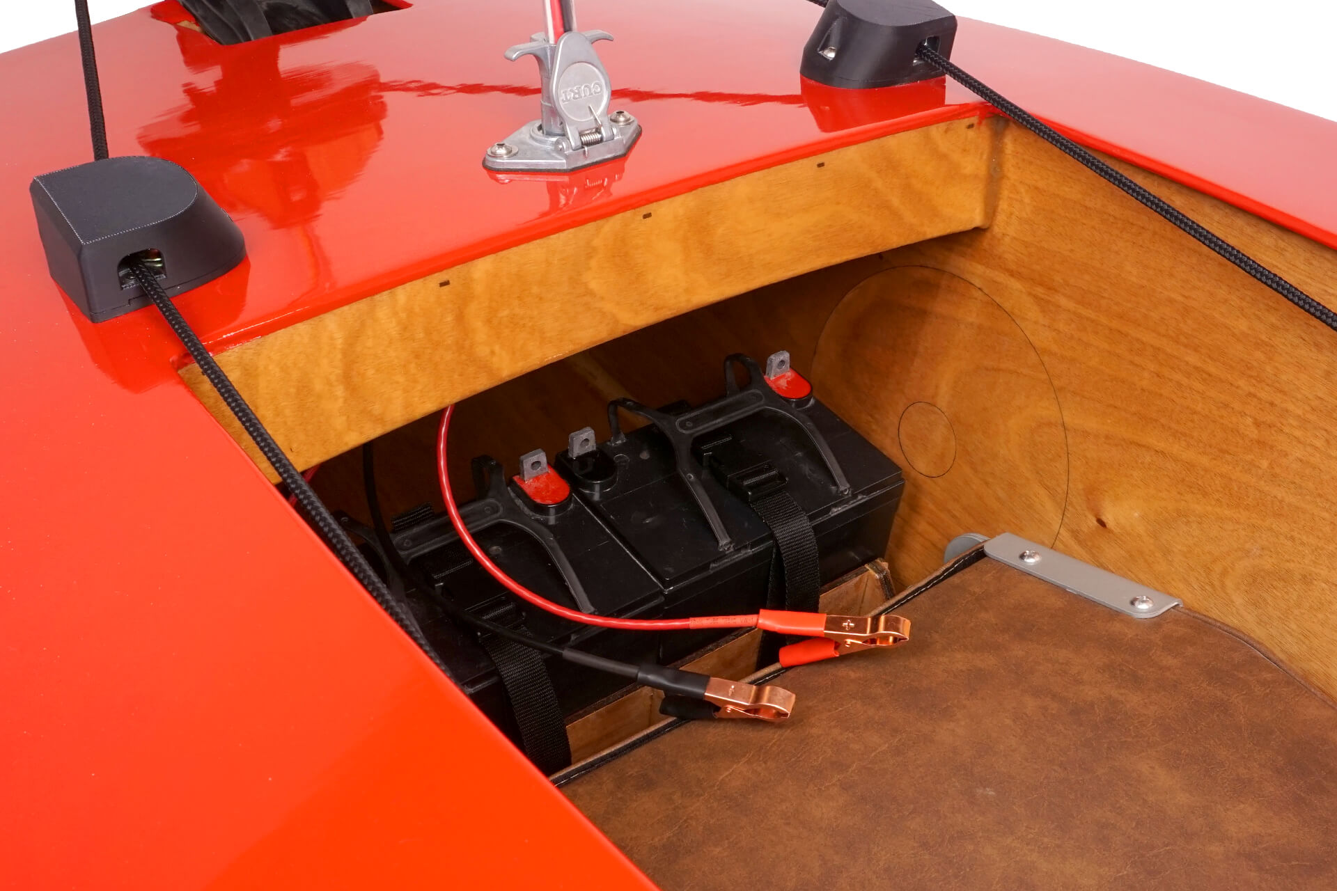 A view of the mini electric boat batteries.