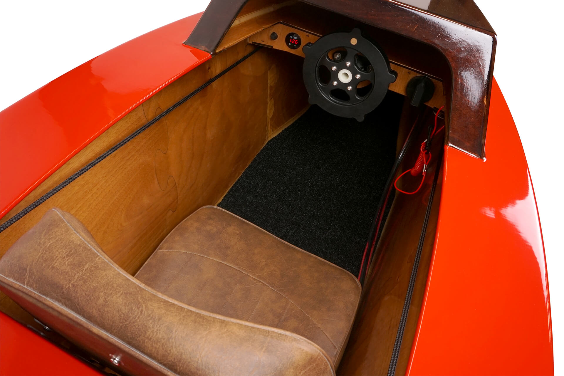 A detail view of the mini electric boat seat.