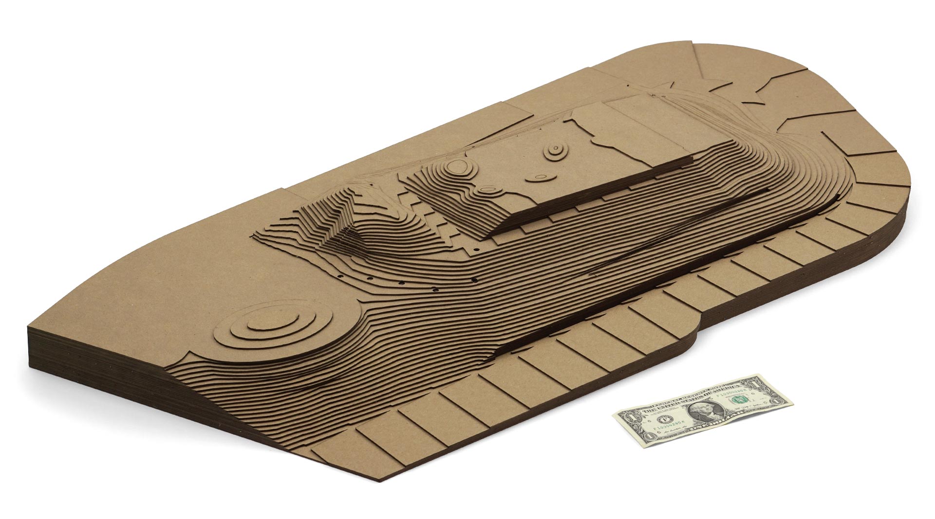 A large topographical architectural terrain cut from chipboard.