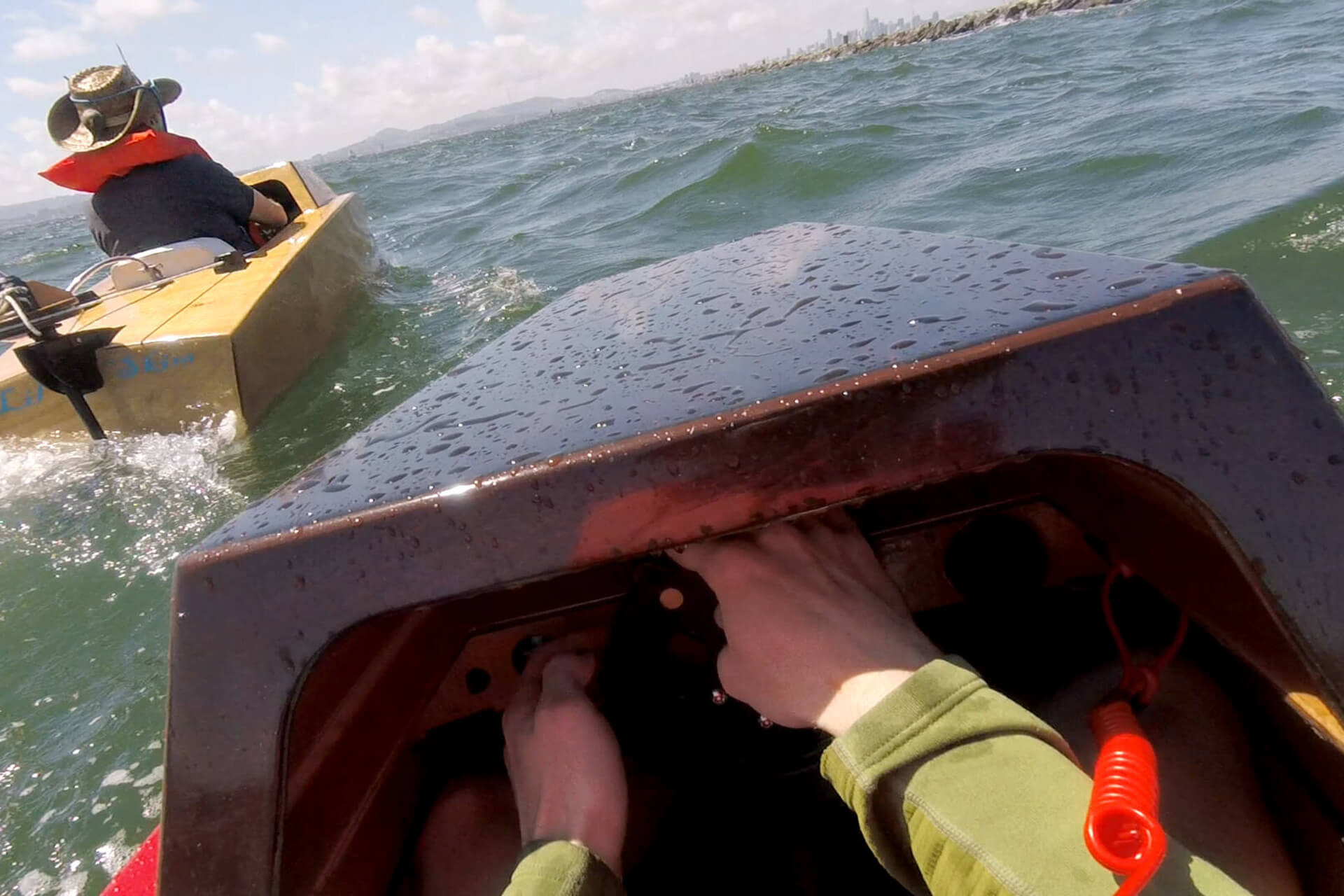 A first-person view of driving the mini boat.