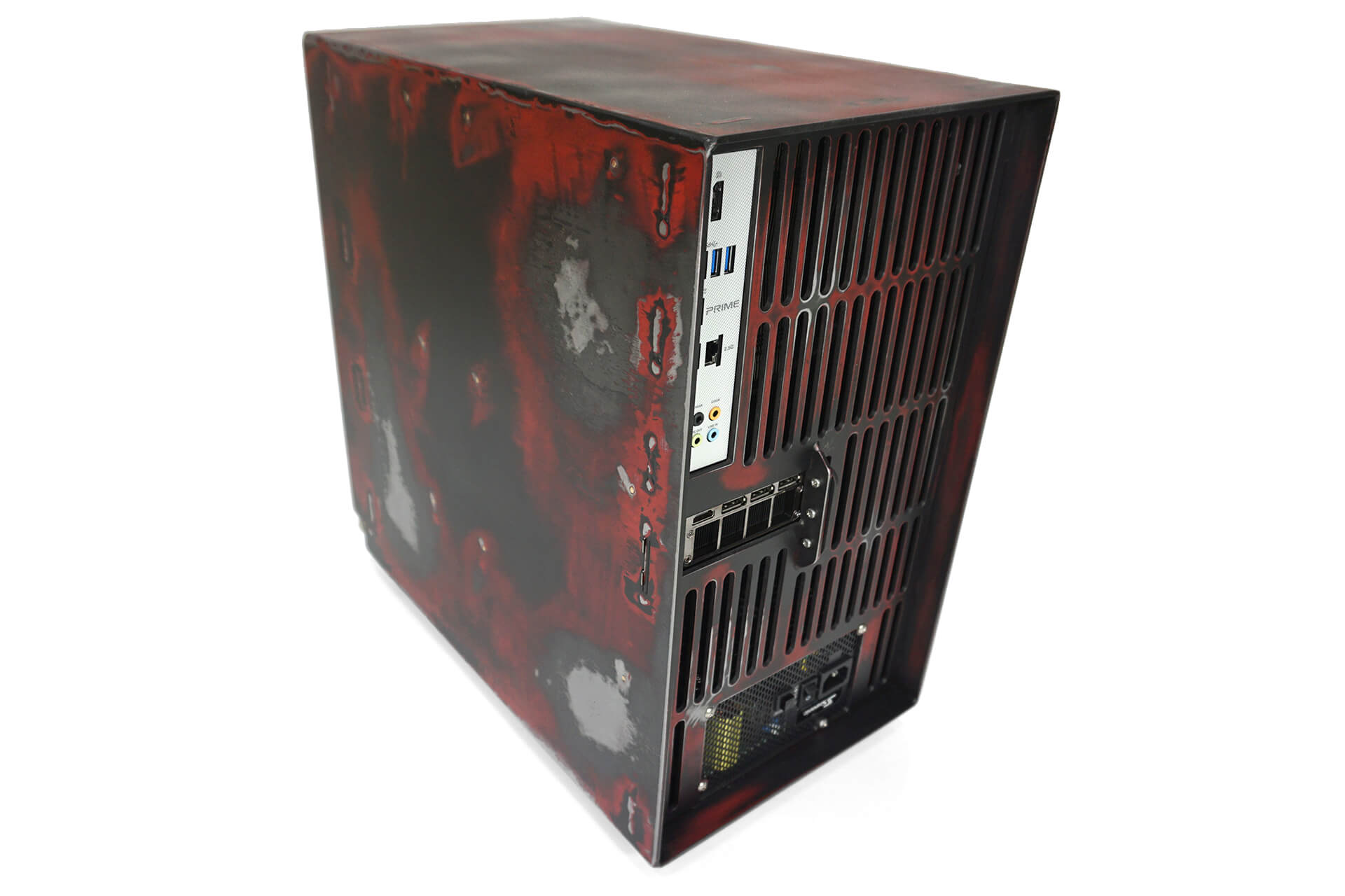 A rear 3/4 view of the pc build.