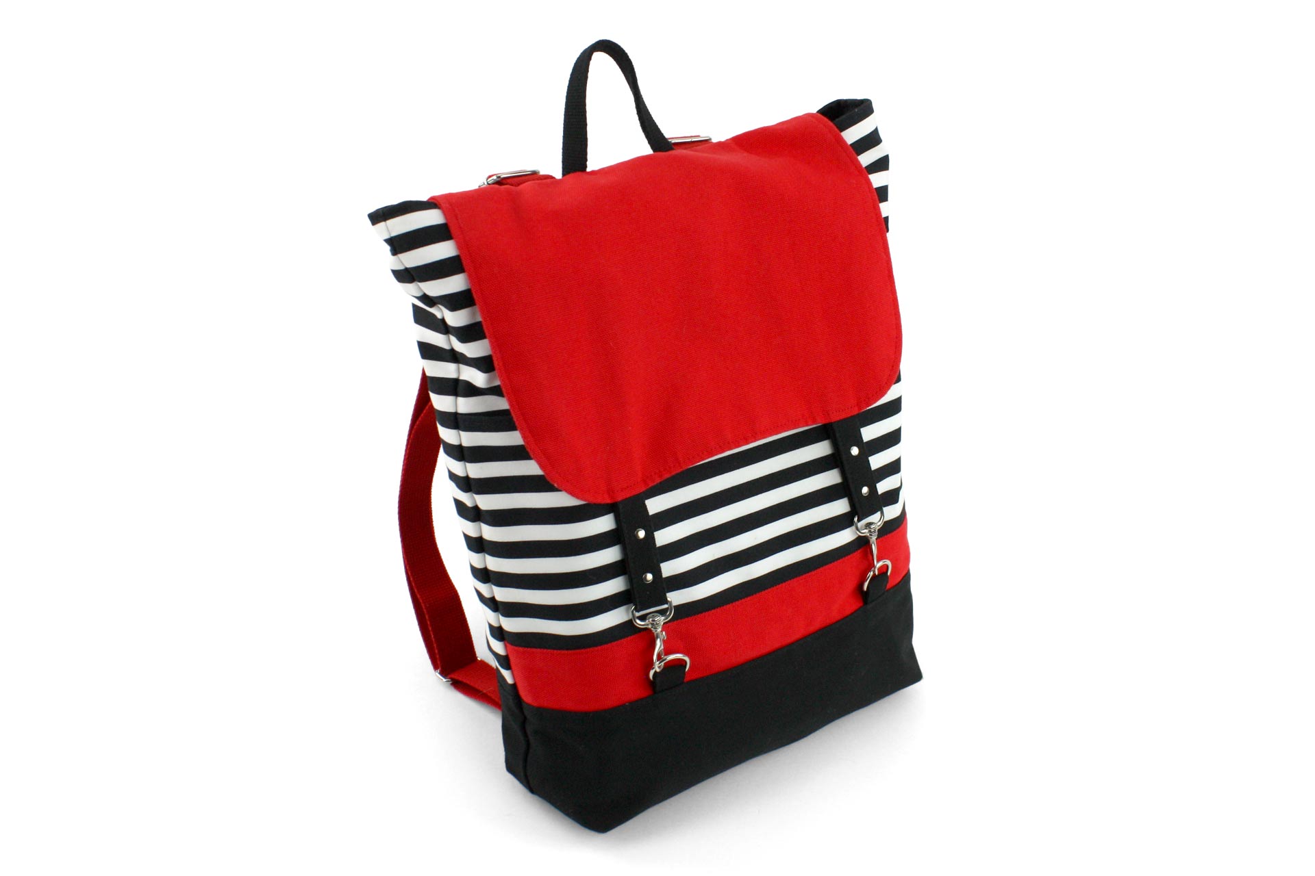 A striped red, black, and white purse that looks like a backpack.