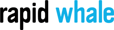Rapid Whale mobile logo featuring a wordmark logo with black and blue text; links to homepage